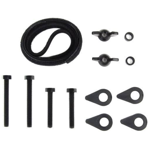 Minelab search coil hardware kit components laid out showing washers, nuts, screws and spacers