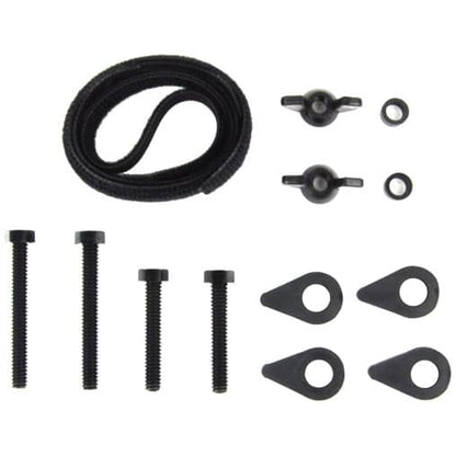 Minelab search coil hardware kit components laid out showing washers, nuts, screws and spacers
