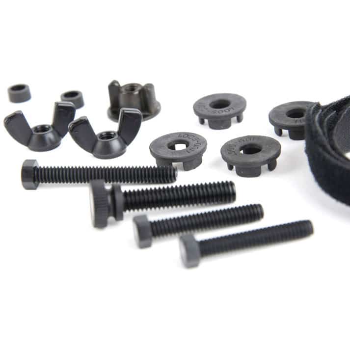 Minelab X-Terra coil hardware kit with washers, screws, nuts, velcro straps, and spacers on white background