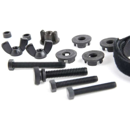 Minelab X-Terra coil hardware kit with washers, screws, nuts, velcro straps, and spacers on white background