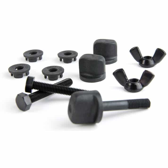 Minelab coil hardware kit components laid out showing washers, screws and nuts