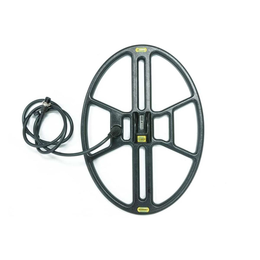 CORS Cannon 14.5x10.5 DD search coil with black housing and attached skidplate for Minelab X-Terra detectors