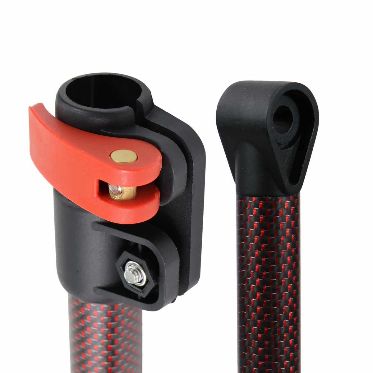 Close-up of Detect-Ed Red Belly LS cam lock clamp and lower shaft coil mount in red and black carbon weave