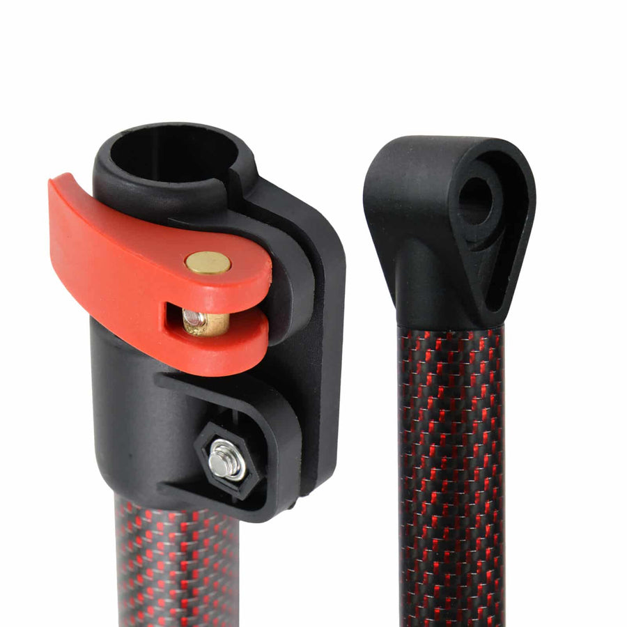 Close-up of Detect-Ed Red Belly LS cam lock clamp and lower shaft coil mount in red and black carbon weave