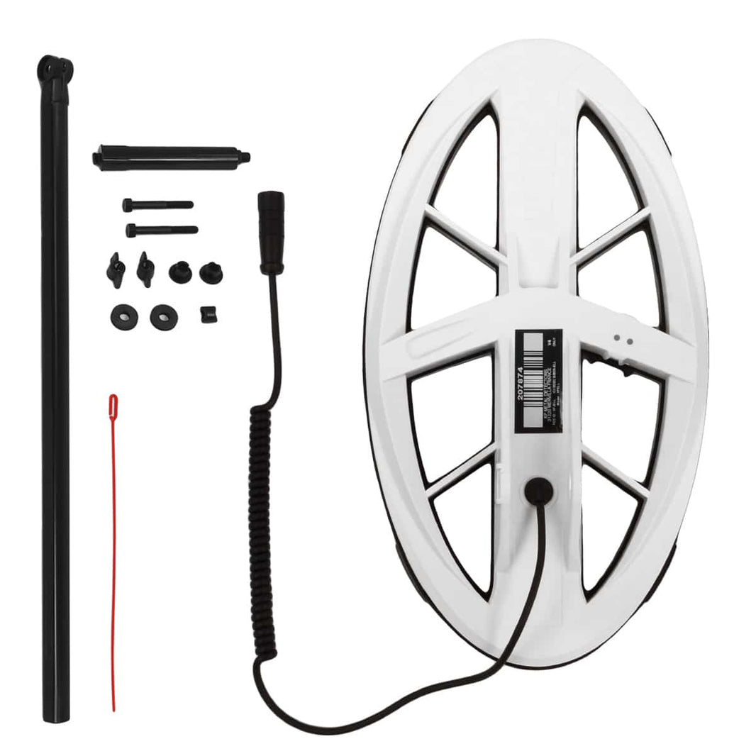 XP Deus HF Elliptical 9.5 by 5 inch wireless Double-D search coil with white housing, black antenna, and attached lower shaft assembly for XP Deus and ORX metal detectors