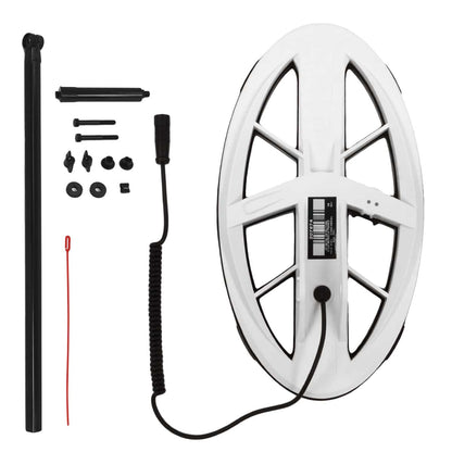 XP Deus HF Elliptical 9.5 by 5 inch wireless Double-D search coil with white housing, black antenna, and attached lower shaft assembly for XP Deus and ORX metal detectors