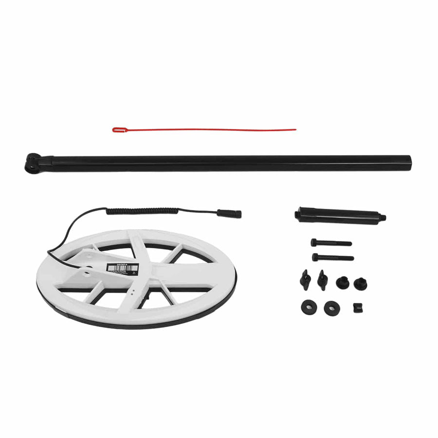 XP Deus HF Elliptical coil assembly kit including black coil cover, lower shaft, mounting hardware with bolts and washers, and protective cover for metal detecting