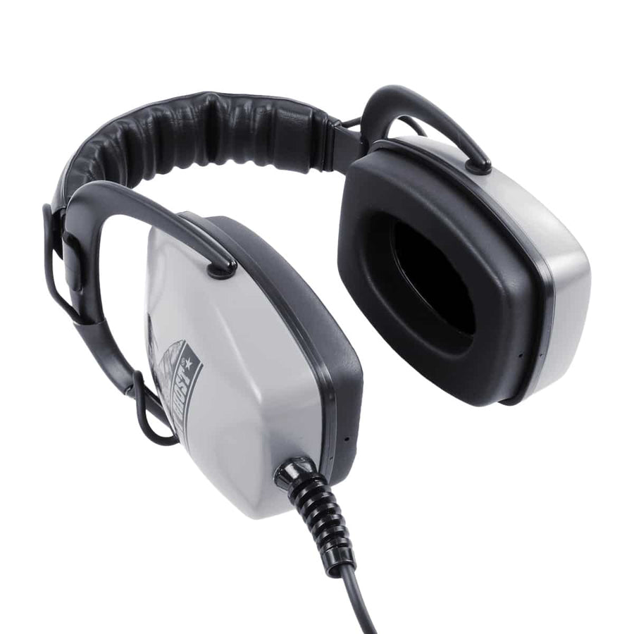 Gray Ghost Amphibian II headphones showing IP68 connector for Minelab detectors.