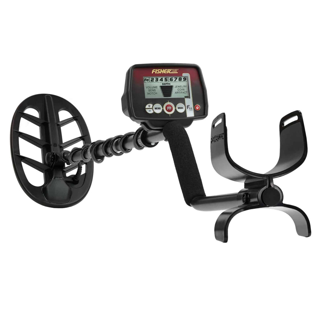 Fisher F11 metal detector with red control box and 11-inch waterproof DD coil on adjustable shaft