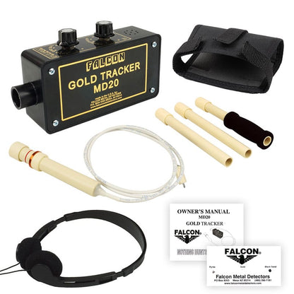 Falcon MD20 Gold Tracker complete bundle showing detector, handle, headphones and owner's guide.