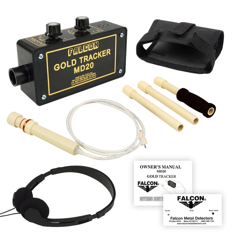 Falcon MD20 Gold Tracker complete bundle showing detector, handle, headphones and owner's guide.
