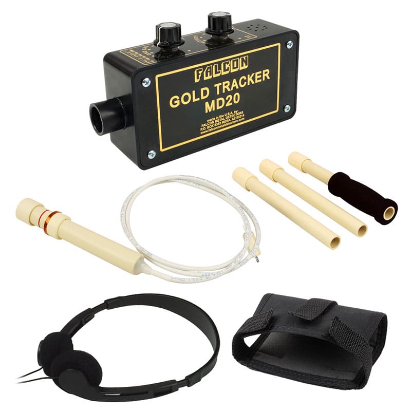 Falcon MD20 Gold Tracker complete bundle showing detector, handle, headphones and holster.