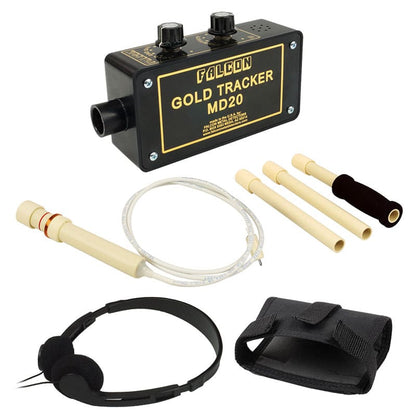 Falcon MD20 Gold Tracker complete bundle showing detector, handle, headphones and holster.