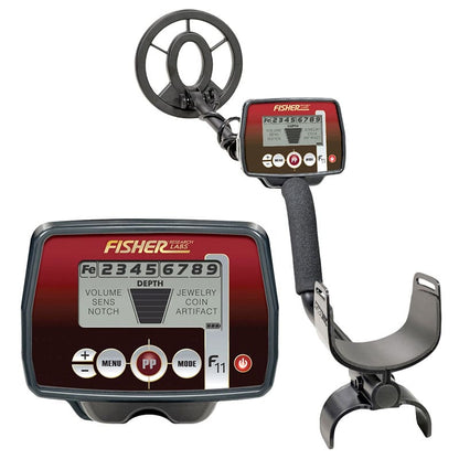 Fisher F11 metal detector with close-up of the 9-segment target ID control pod