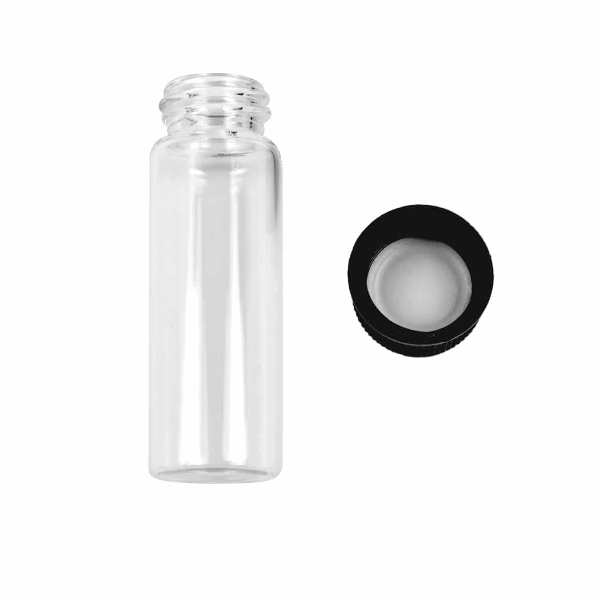 Close-up view of 6ML glass vial showing transparent construction and secure cap