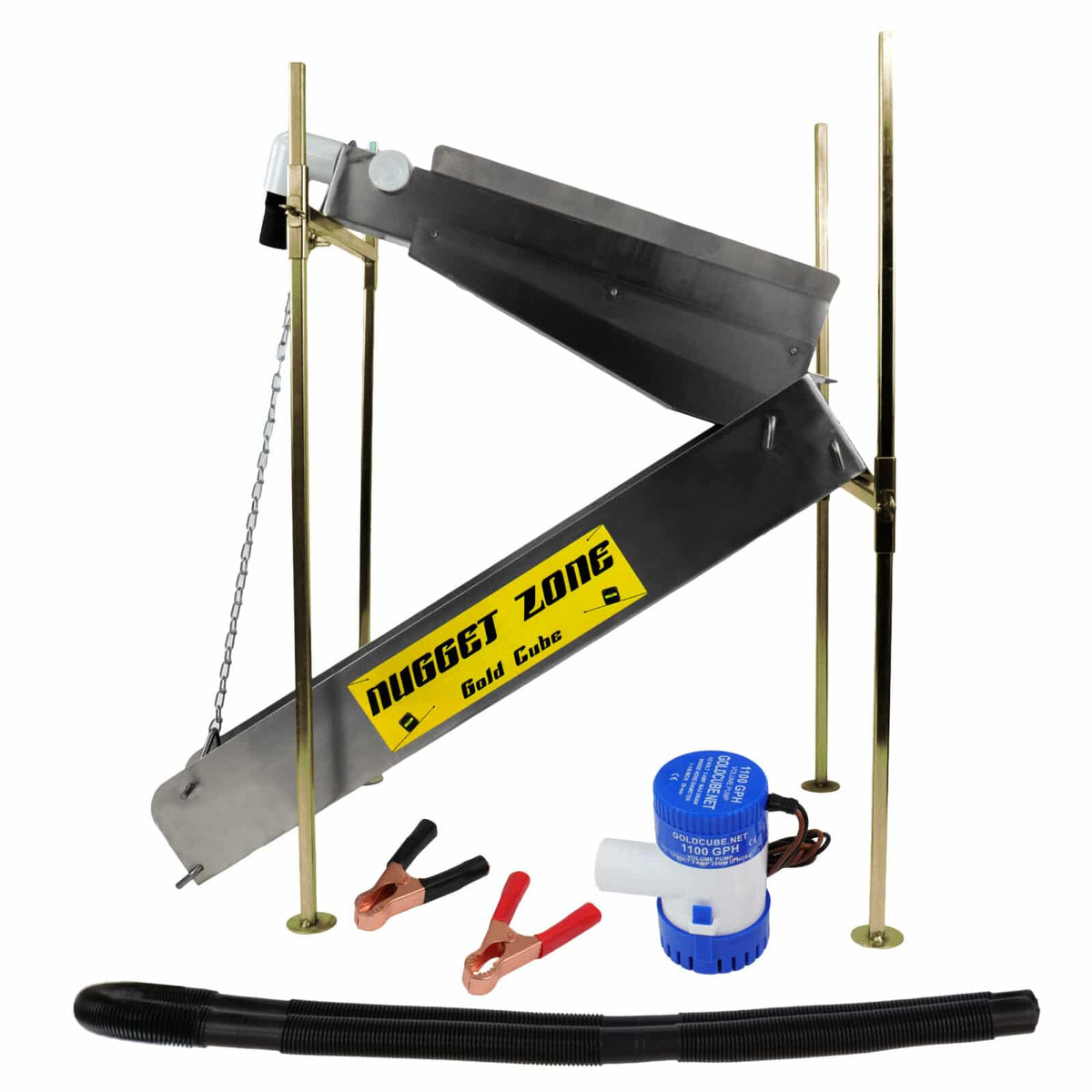 Side view of the highbanker, pump, hose and battery clips. 