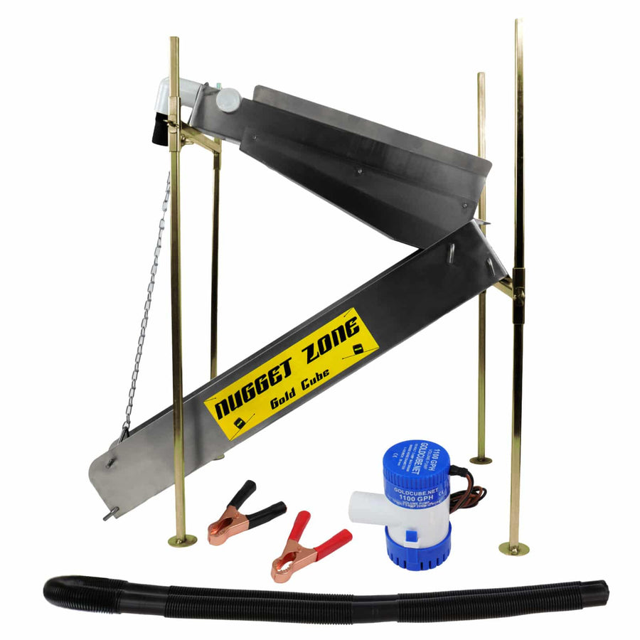 Side view of the highbanker, pump, hose and battery clips. 