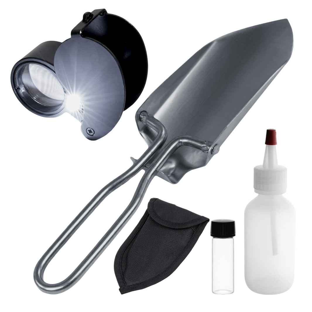 Gold Claw prospecting kit with folding scoop, LED magnifier, snuffer bottle and vial