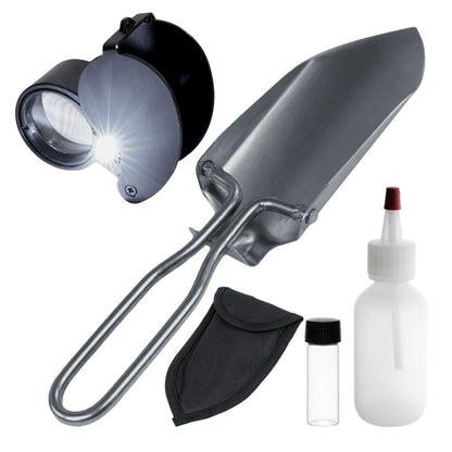 Gold Claw prospecting kit with folding scoop, LED magnifier, snuffer bottle and vial