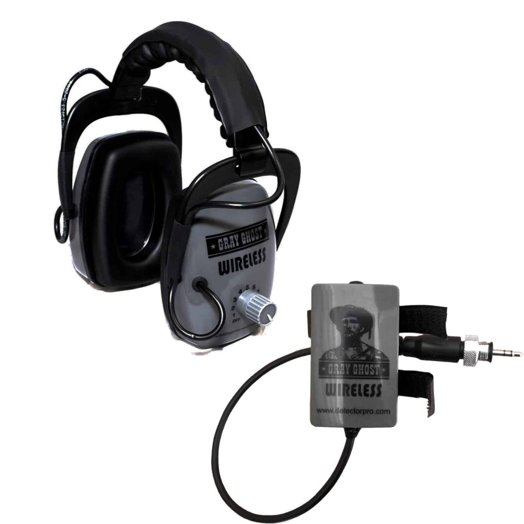 DetectorPro Gray Ghost Platinum Series wireless headphones with transmitter module for Minelab Equinox and Manticore metal detectors