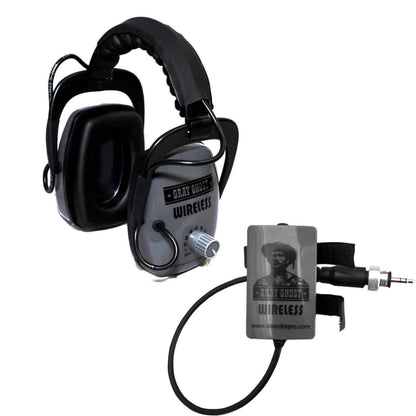DetectorPro Gray Ghost Platinum Series wireless headphones with transmitter module for Minelab Equinox and Manticore metal detectors