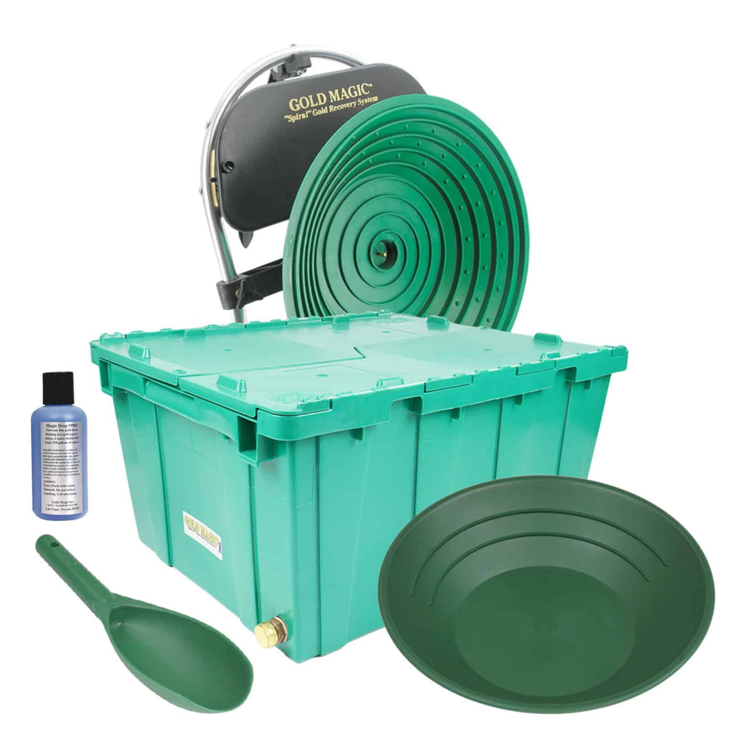 Gold Magic panning kit with green pan, sluice box, and other tools on a white background