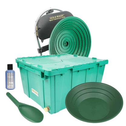 Gold Magic panning kit with green pan, sluice box, and other tools on a white background
