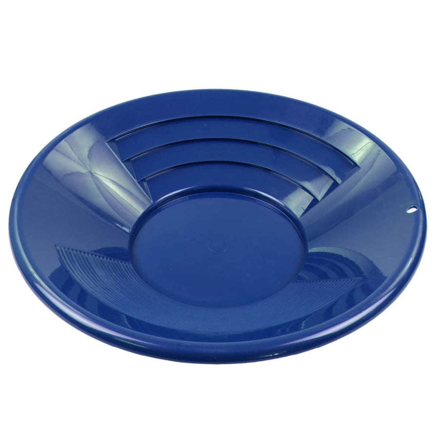 Black TerraX 14 inch plastic gold pan showing riffle design