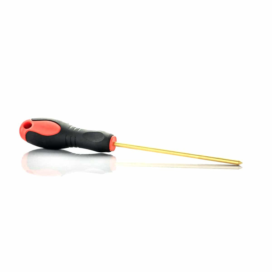 Close-up view of brass probe tip showing non-marring metal construction