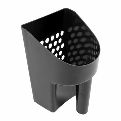 Black plastic sand scoop for metal detecting and gold prospecting, 8.5 inches long