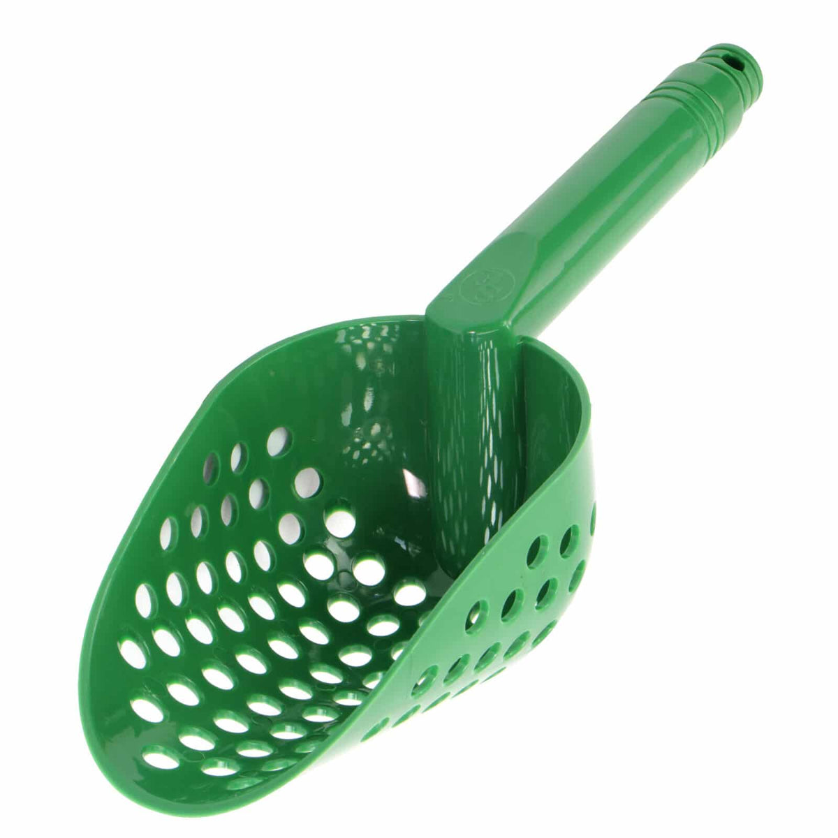 Metal detecting sand scoop with brass probe displayed on white background