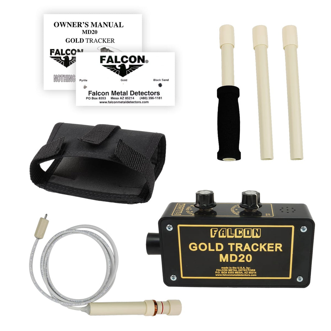 The Falcon Gold Tracker MD20 with holster, handle, manual and connection wire are shown on a white background.