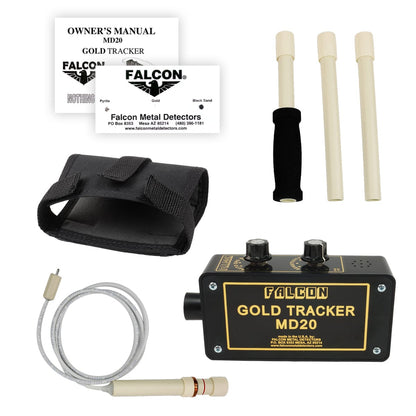 The Falcon Gold Tracker MD20 with holster, handle, manual and connection wire are shown on a white background.