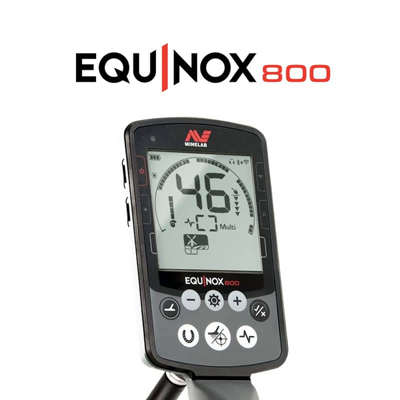 Minelab EQUINOX 800 Multi-IQ Metal Detector control pod and logo. 