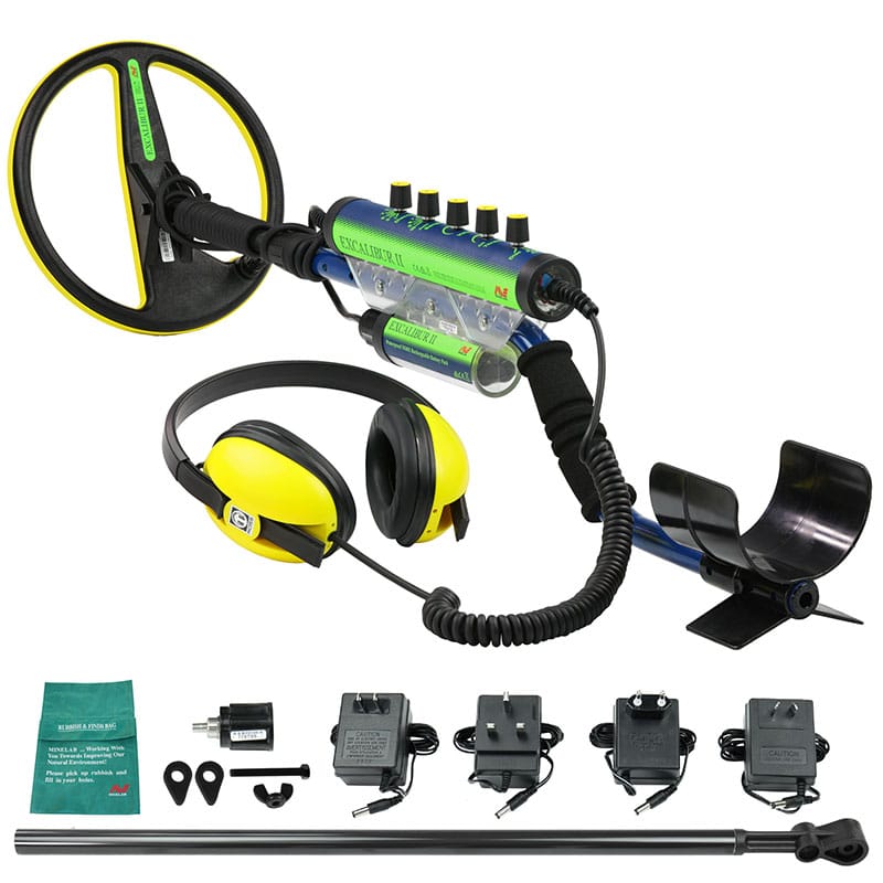 Minelab Excalibur II 1000 kit: detector with 10 inch coil and Koss headphones, manual, chargers, adapters and diving shaft