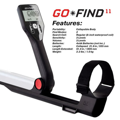 Minelab Go-Find 11 control pod with feature list: 2 find modes, 3 sensitivity levels, 2.2 lb weight