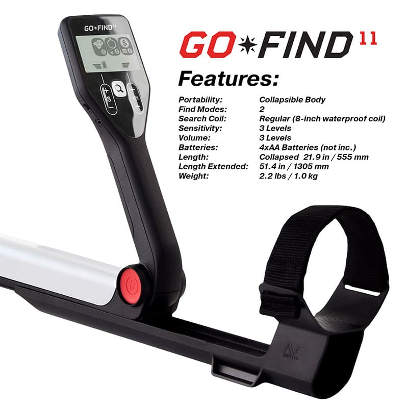 Minelab Go-Find 11 control pod with feature list: 2 find modes, 3 sensitivity levels, 2.2 lb weight