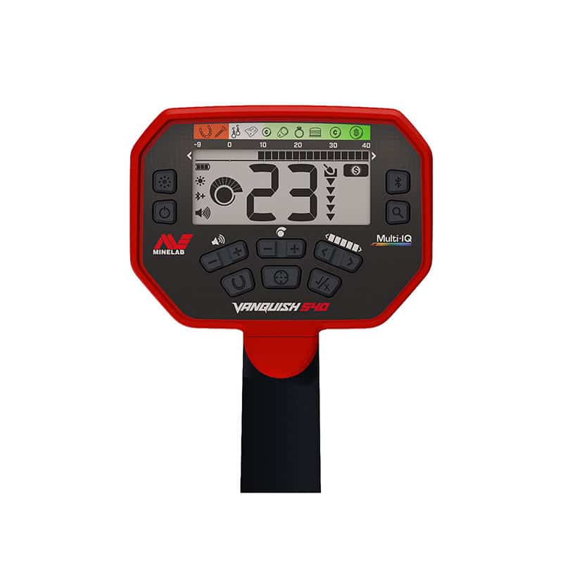 Minelab Vanquish 540 control box with red and black keypad and LCD showing target ID 23