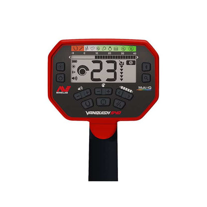Minelab Vanquish 540 control box with red and black keypad and LCD showing target ID 23