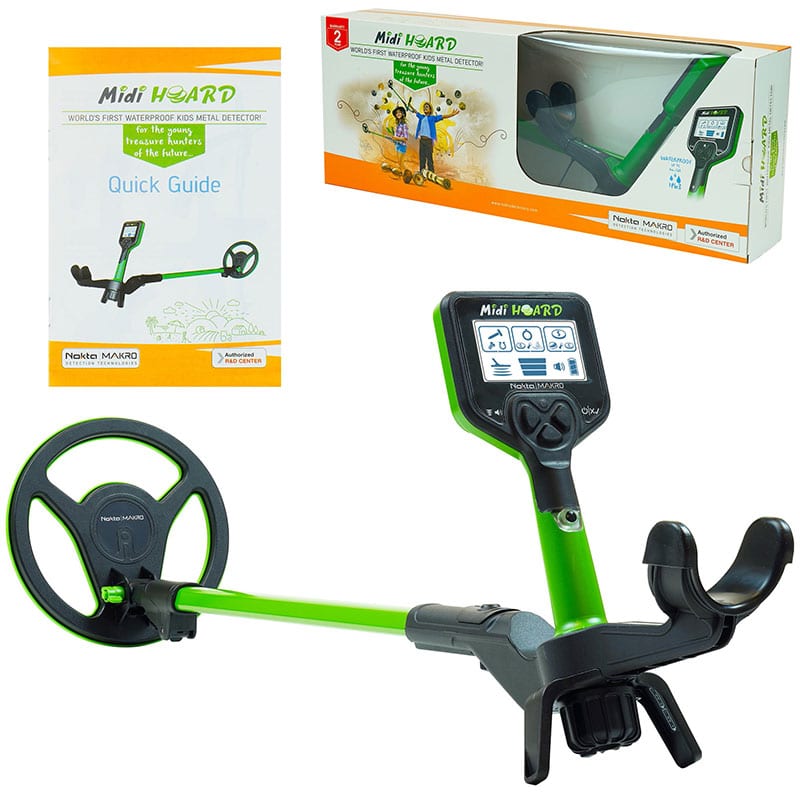 Nokta Midi Hoard kids metal detector with green and black design and 7-inch search coil, shown alongside the Quick Guide manual and the product new in box