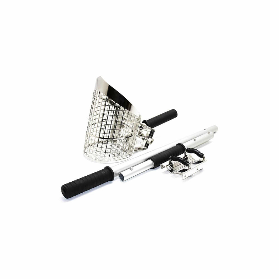 Nokta Premium Sand Scoop 3-in-1 set with stainless steel basket, adjustable rod sections, and breakdown handle for beach metal detecting