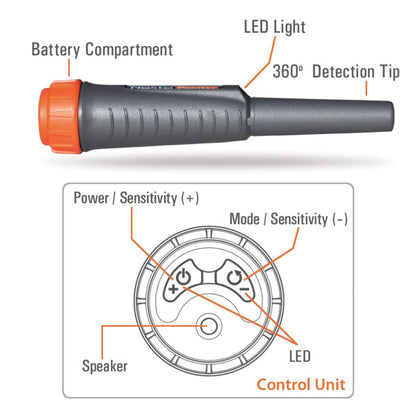 Nokta Pointer pinpointer showing LED light and 360-degree detection tip