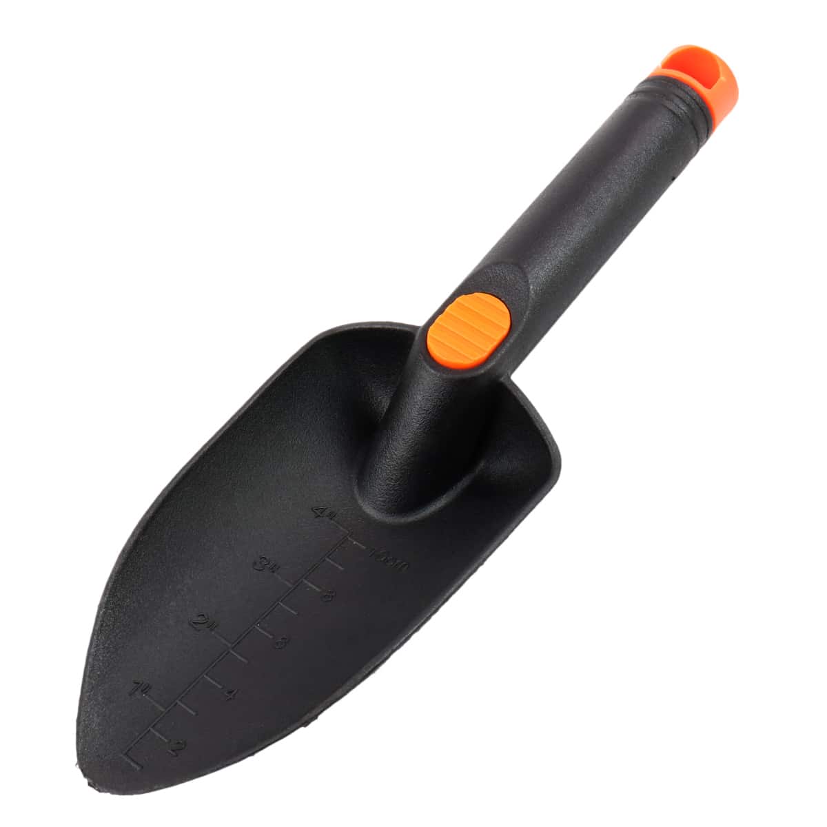 Serious Detecting 11-inch black nylon trowel with orange accents and measuring scale