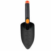 Close-up view of trowel blade showing 4-inch measuring scale markings