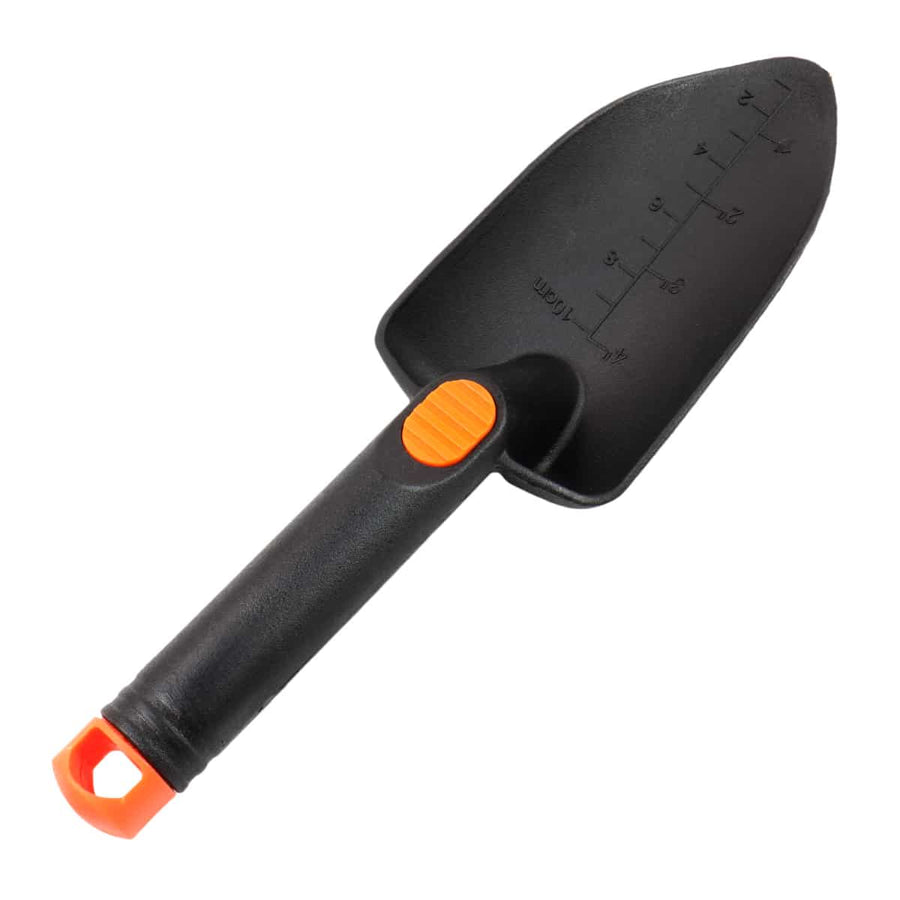 Rubberized thumb grip and hanging eyelet detail on trowel handle