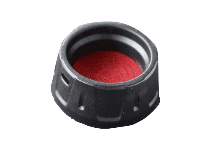 Black plastic pinpointer top cap with red membrane filter insert, XP brand accessory