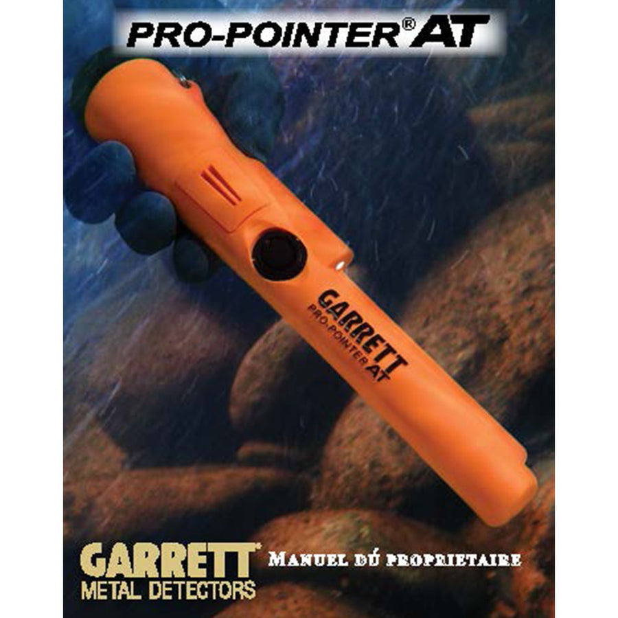 The French language digital instruction manual for the Garrett Pro-Pointer AT metal detector, featuring the orange pinpointer with the Garrett logo and text.