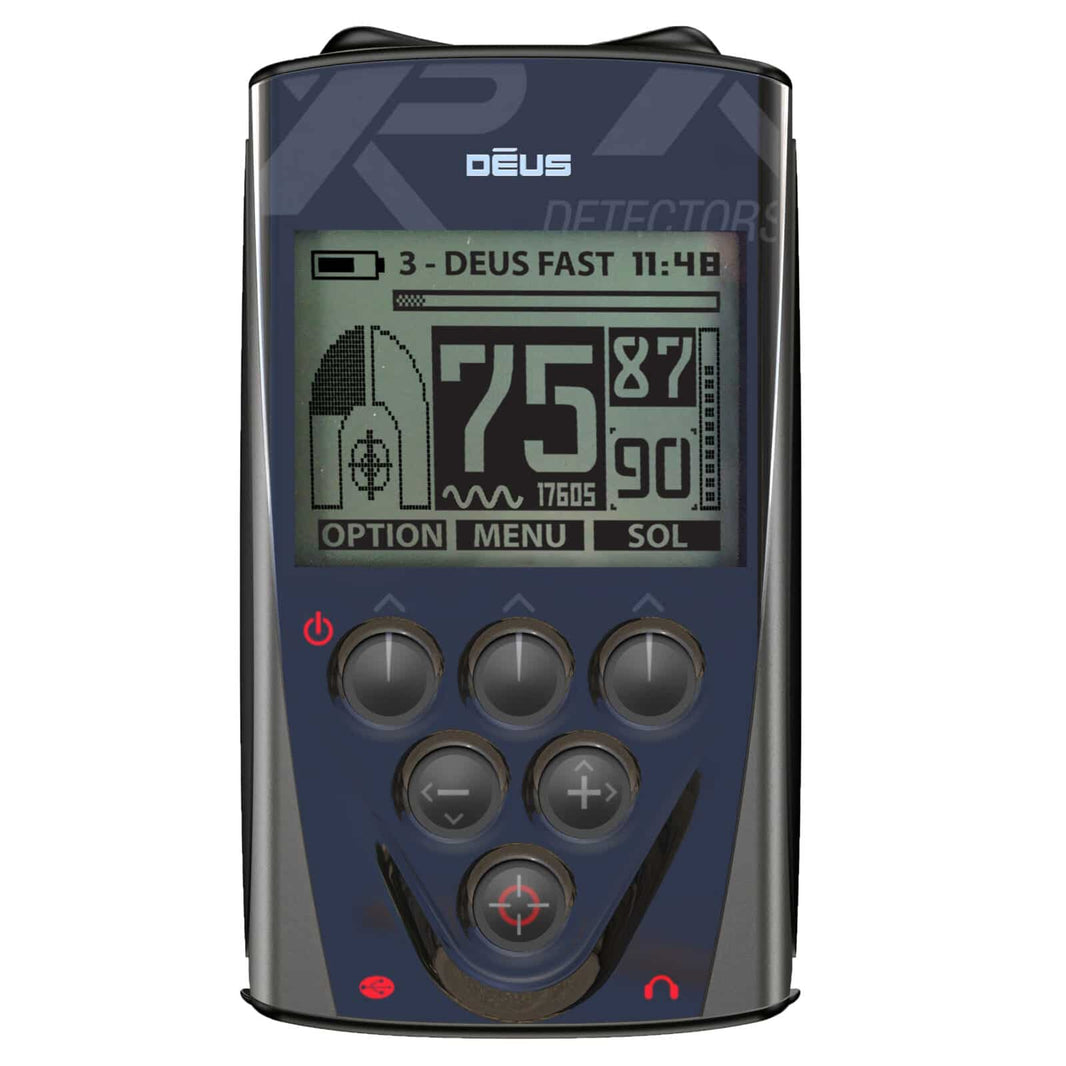 XP Deus LCD remote control with backlit display, six control buttons, and integrated speaker mounted on blue housing