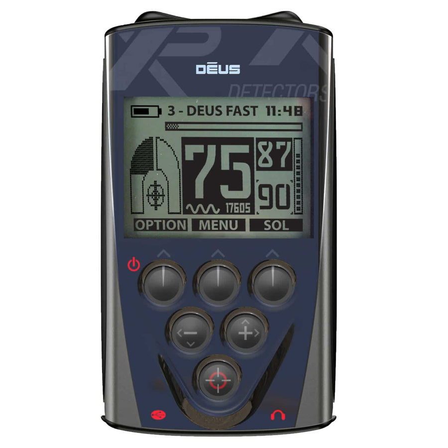 XP Deus LCD remote control with backlit display, six control buttons, and integrated speaker mounted on blue housing