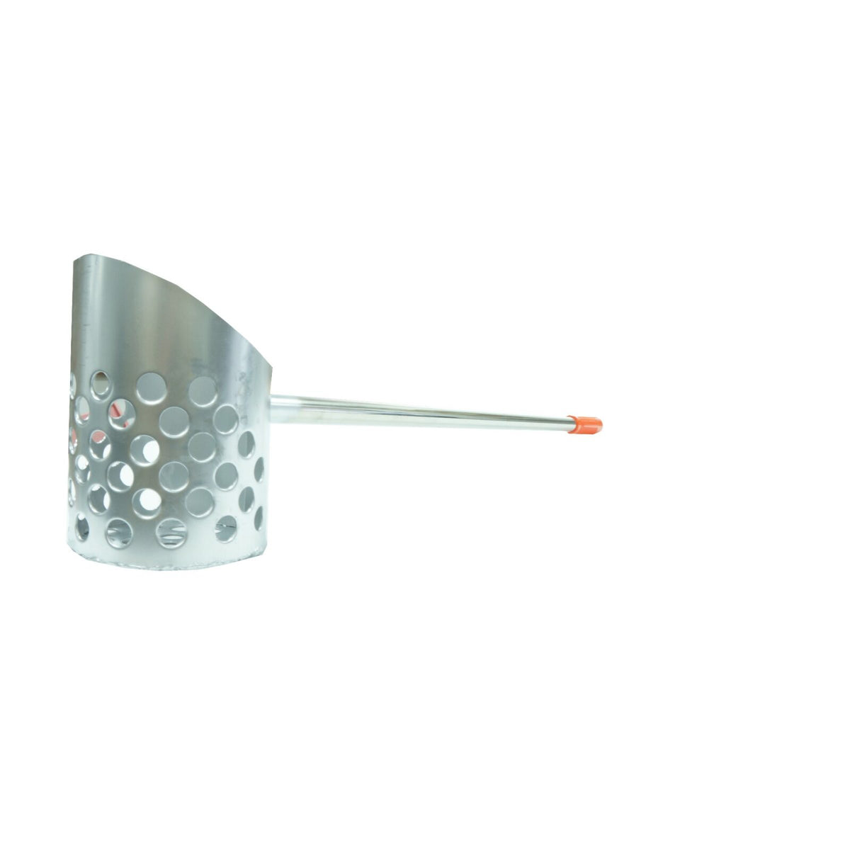 RTG 28-inch stainless steel sand scoop with perforated basket and orange rubber grip handle for dry sand metal detecting